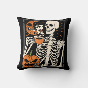 Skeleton Drinking Coffee Lover Halloween Skull Cushion