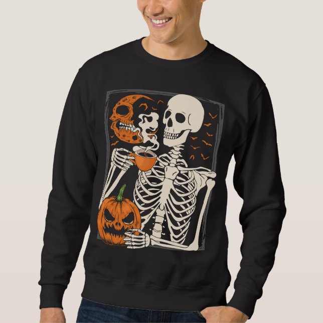 Skeleton Drinking Coffee Lover Halloween Skull M Sweatshirt (Front)