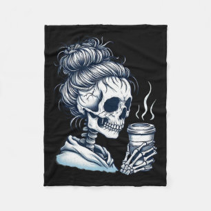 Skeleton Drinking Coffee Messy Bun Women Halloween Fleece Blanket