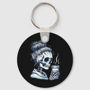 Skeleton Drinking Coffee Messy Bun Women Halloween Key Ring