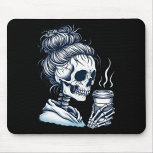Skeleton Drinking Coffee Messy Bun Women Halloween Mouse Pad