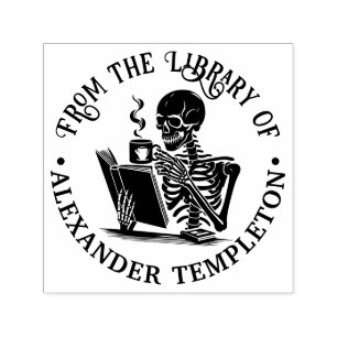 Skeleton Drinking Coffee Reading Book #2 Name Self-inking Stamp