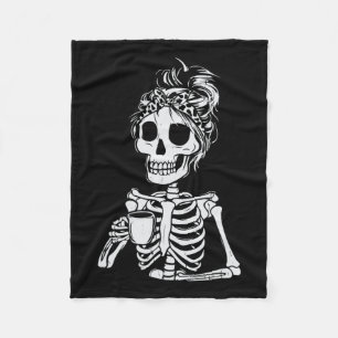 Skeleton Drinking Coffee Skull Funny Halloween Wom Fleece Blanket