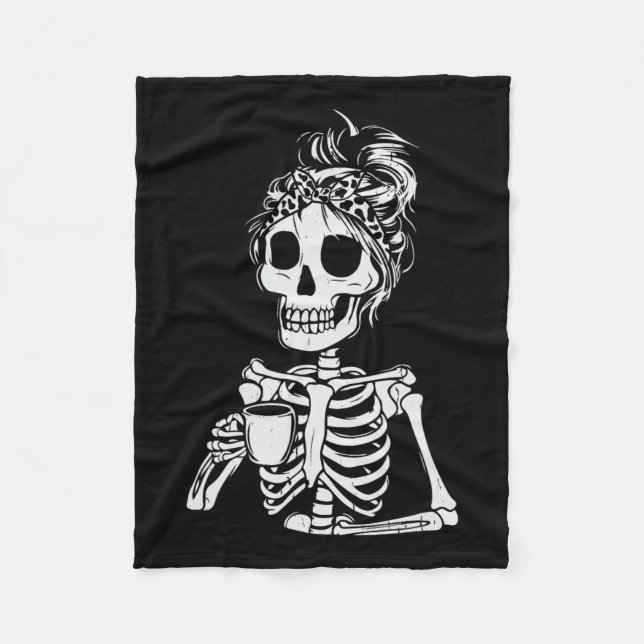 Skeleton Drinking Coffee Skull Funny Halloween Wom Fleece Blanket (Front)