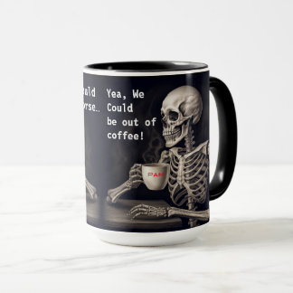 Skeleton drinking coffee with friend mug