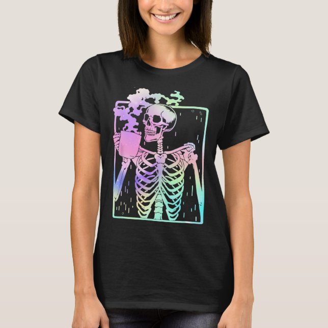 Skeleton Drinking Coffee Women men Halloween costu T-Shirt (Front)