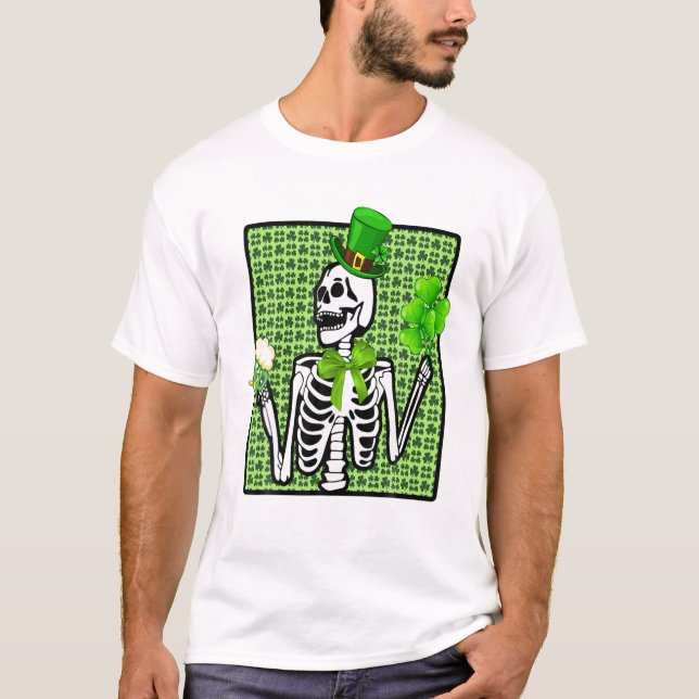 Skeleton Drinking Green Beer St. Patricks Day Iris T-Shirt (Front)