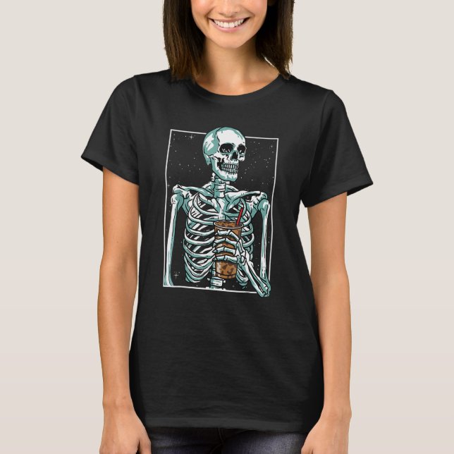 Skeleton Drinking Iced Coffee  Halloween T-Shirt (Front)