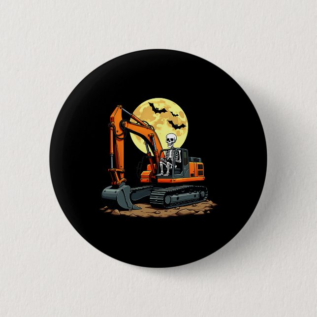 Skeleton Driving Excavator Halloween Construction  6 Cm Round Badge (Front)