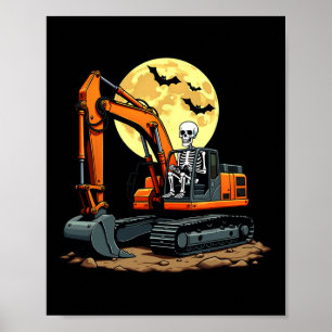 Skeleton Driving Excavator Halloween Construction Poster