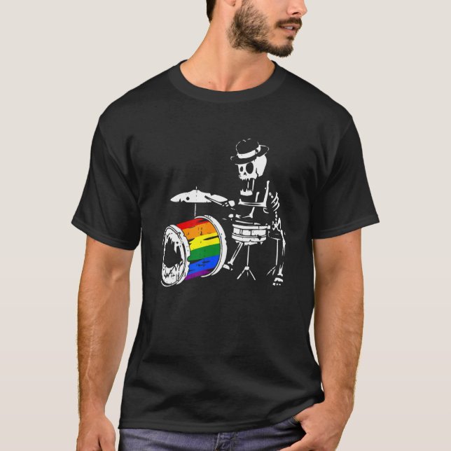 Skeleton Drummer Gay Pride LGBT Q Rainbow Drum Pri T-Shirt (Front)