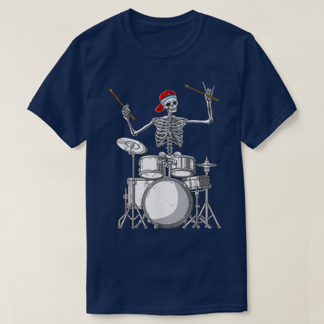 Skeleton Drummer Halloween Costume Playing Drums T-Shirt (Design Front)