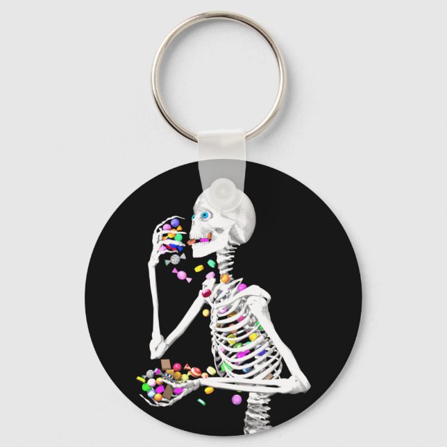 Skeleton Eating Halloween Candy Key Ring (Front)