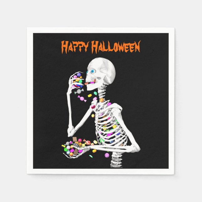 Skeleton Eating Halloween Candy Napkin (Front)
