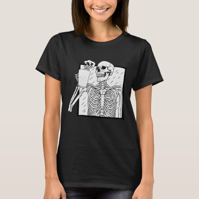 Skeleton Enjoying Coffee Halloween T-Shirt (Front)