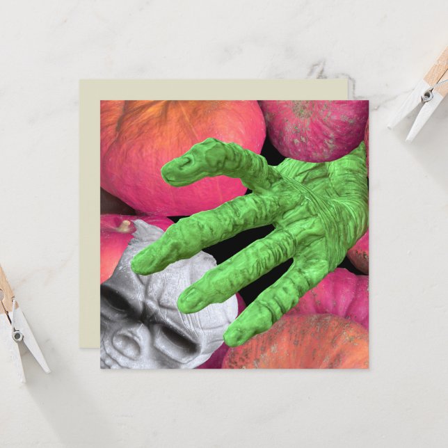 Skeleton fingers & skull &  pumpkins for Halloween Invitation (Front/Back In Situ)