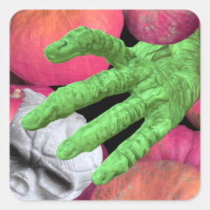 Skeleton fingers & skull & pumpkins for Halloween Square Sticker