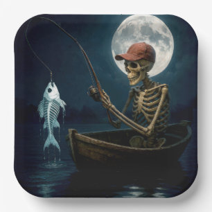 Skeleton Fishing In a Wooden Rowboat Paper Plate