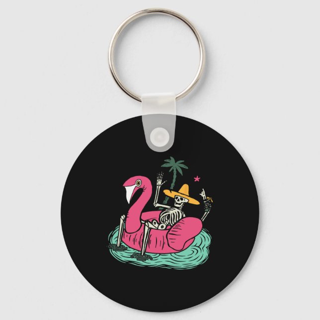 Skeleton Flamingo Float Vacation Beach Drink Retro Key Ring (Front)