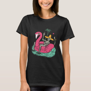 Skeleton Flamingo Float Vacation Beach Drink Retro T-Shirt