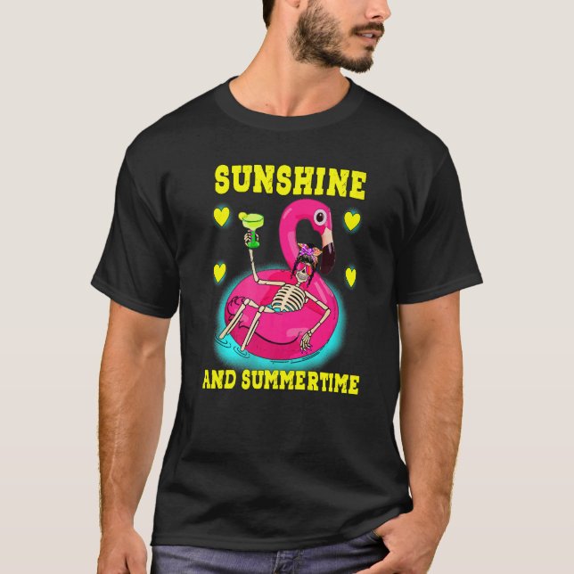 Skeleton Flamingo Floatie Summertime Summer Pool L T-Shirt (Front)