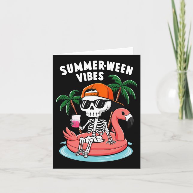 Skeleton Flamingo Summerween Vibes Halloween Boys  Card (Front)