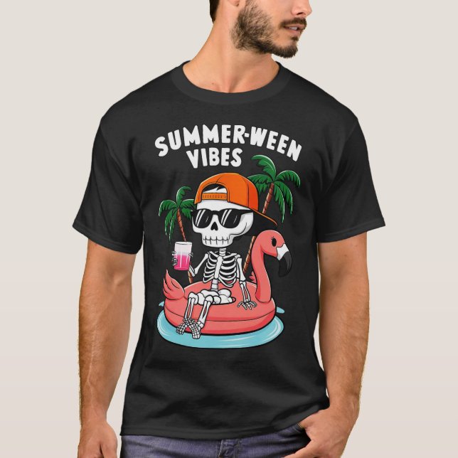 Skeleton Flamingo Summerween Vibes Halloween Boys  T-Shirt (Front)