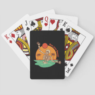 Skeleton Floating Away See You Soon on a set of Playing Cards