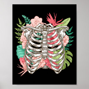 Skeleton Flowers Rib Cage X-ray Funny Halloween  Poster