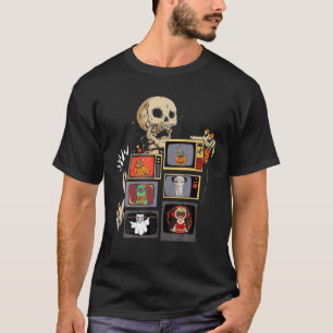 Skeleton Funny Skull Tv Cute Pug Dog Boos Hallowee T-Shirt