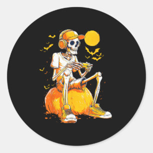 Skeleton Gamer Funny Video Gaming Halloween Boys M Classic Round Sticker
