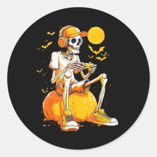 Skeleton Gamer Funny Video Gaming Halloween Boys M Classic Round Sticker