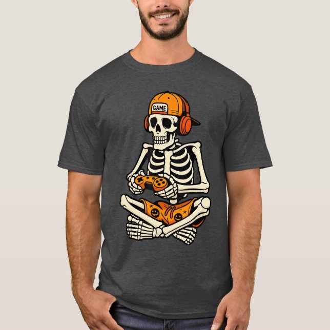 Skeleton Gamer Headphone Funny Halloween Gaming Bo T-Shirt (Front)