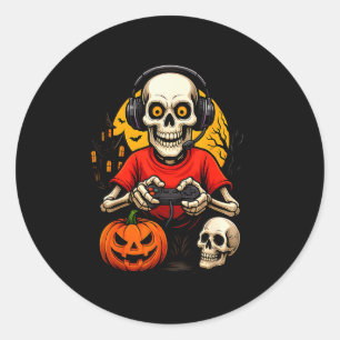 Skeleton Gamer Playing Video Games Halloween Spook Classic Round Sticker