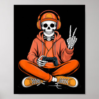 Skeleton Gamer Video Gaming Halloween Boys Men Kid Poster