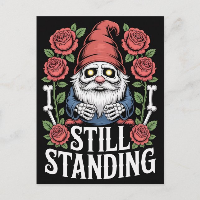Skeleton garden gnome with roses and text postcard (Front)