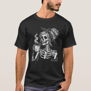 Skeleton Girl Bandanna Messy Bun Coffee Lover Hall T-Shirt
