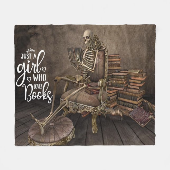 Skeleton Girl Book Lover Fleece Blanket (Front (Horizontal))