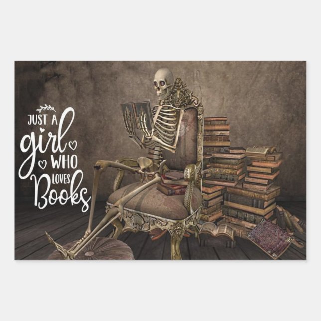Skeleton Girl Book Lover Wrapping Paper Sheet (Front)