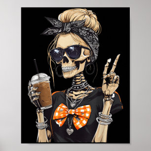 Skeleton Girl Drinking Coffee Peace Sign Graphic F