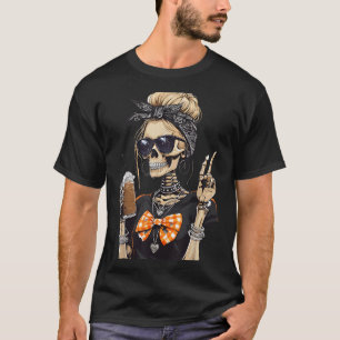 Skeleton Girl Drinking Coffee Peace Sign Graphic F T-Shirt