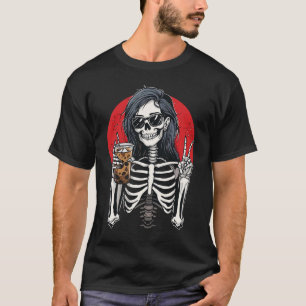 Skeleton Girl Drinking Coffee Peace Sign T-Shirt
