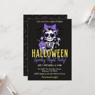 Skeleton Girl Halloween Spooky Night Party Purple Invitation