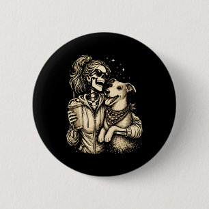 Skeleton Girl Hugging Dog - Cool Gothic Pet Lover 6 Cm Round Badge