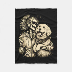 Skeleton Girl Hugging Golden Retriever Cute Coffee Fleece Blanket