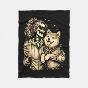 Skeleton Girl Hugging Shiba Inu Cute Coffee Gothic Fleece Blanket