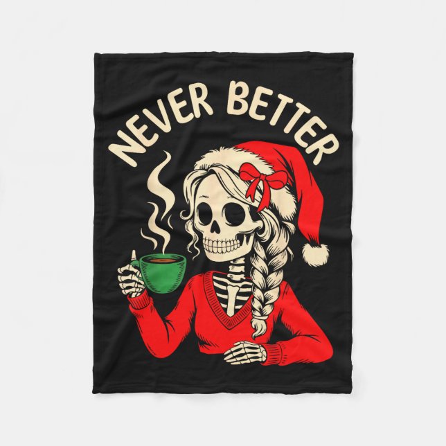 Skeleton Girl Santa Drinking Coffee Xmas Funny Sku Fleece Blanket (Front)