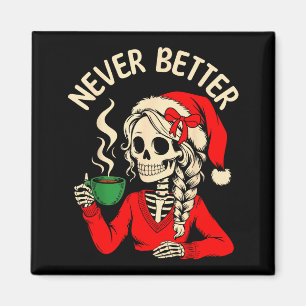 Skeleton Girl Santa Drinking Coffee Xmas Funny Sku Magnet