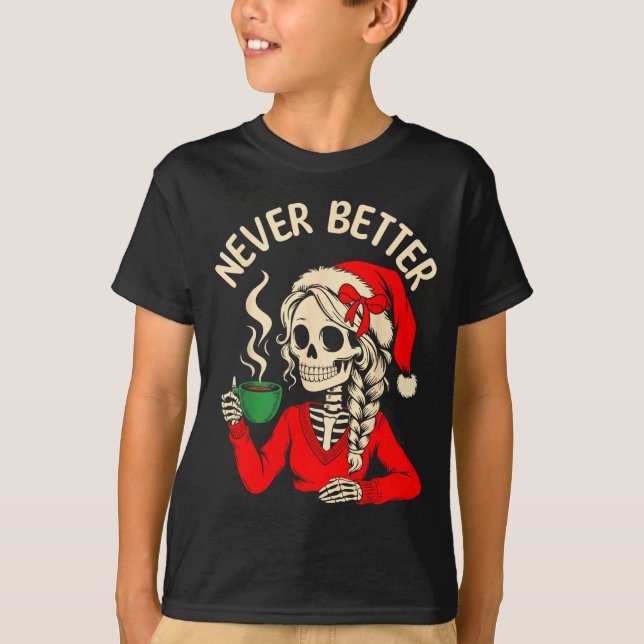 Skeleton Girl Santa Drinking Coffee Xmas Funny Sku T-Shirt (Front)