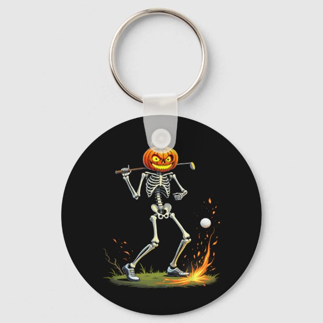 Skeleton Golf Funny Halloween Pumpkin Golfing Golf Key Ring (Front)